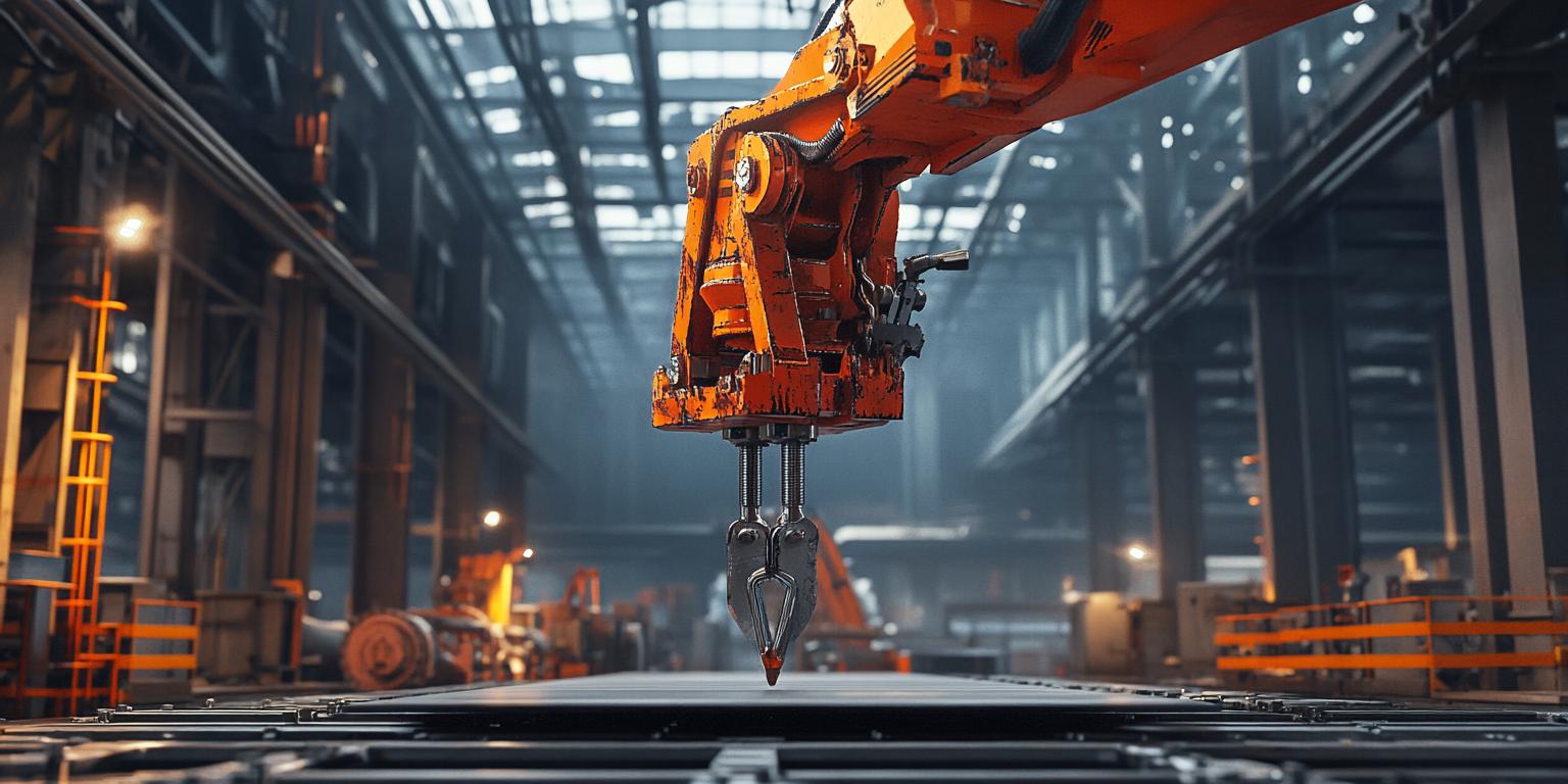 Operador utilizando garra hidráulica otimizada para movimentação segura de lingotes em área industrial