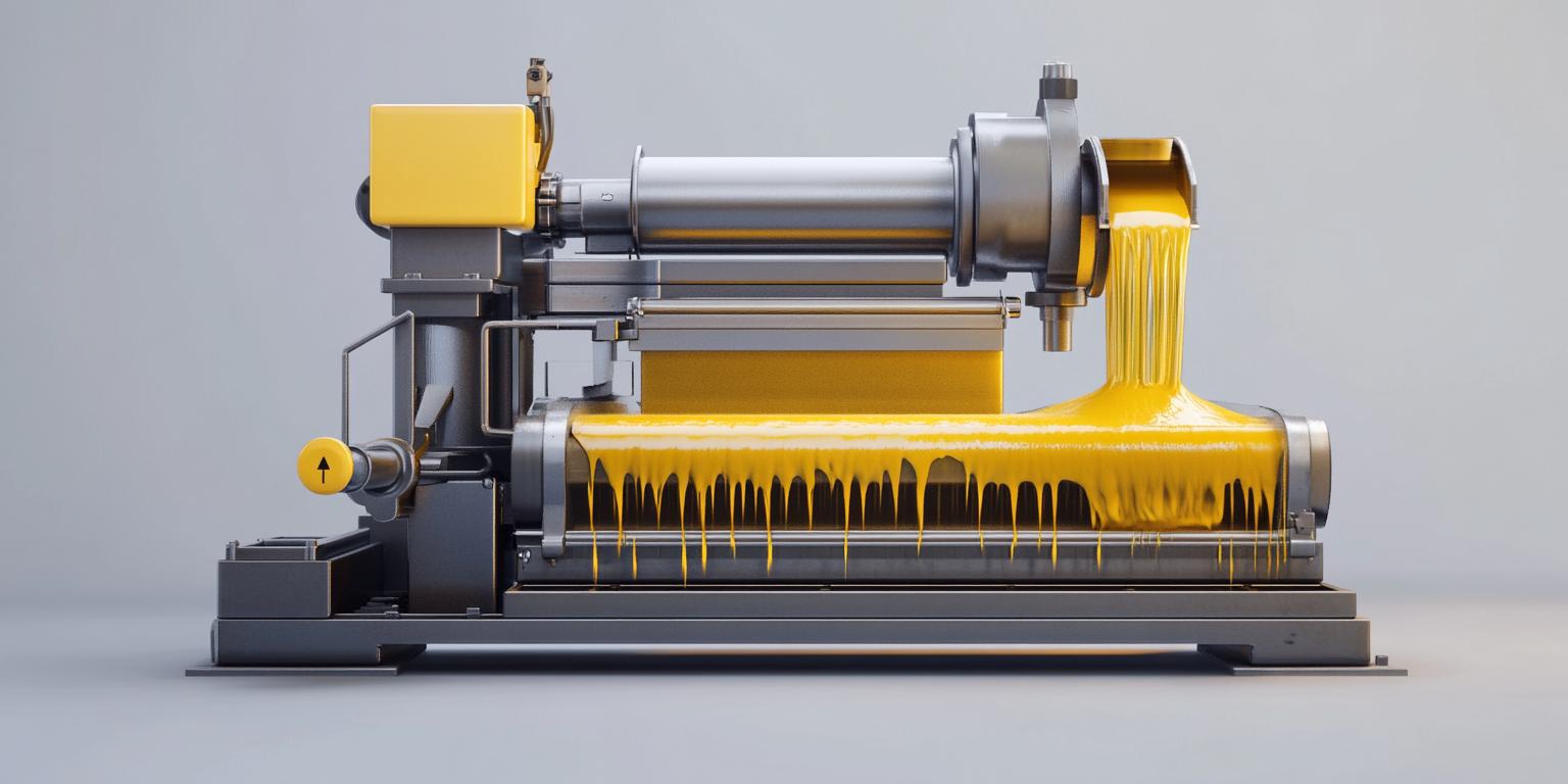 Cross-section view of a dual-screw oil press showing internal helical blades and material flow path