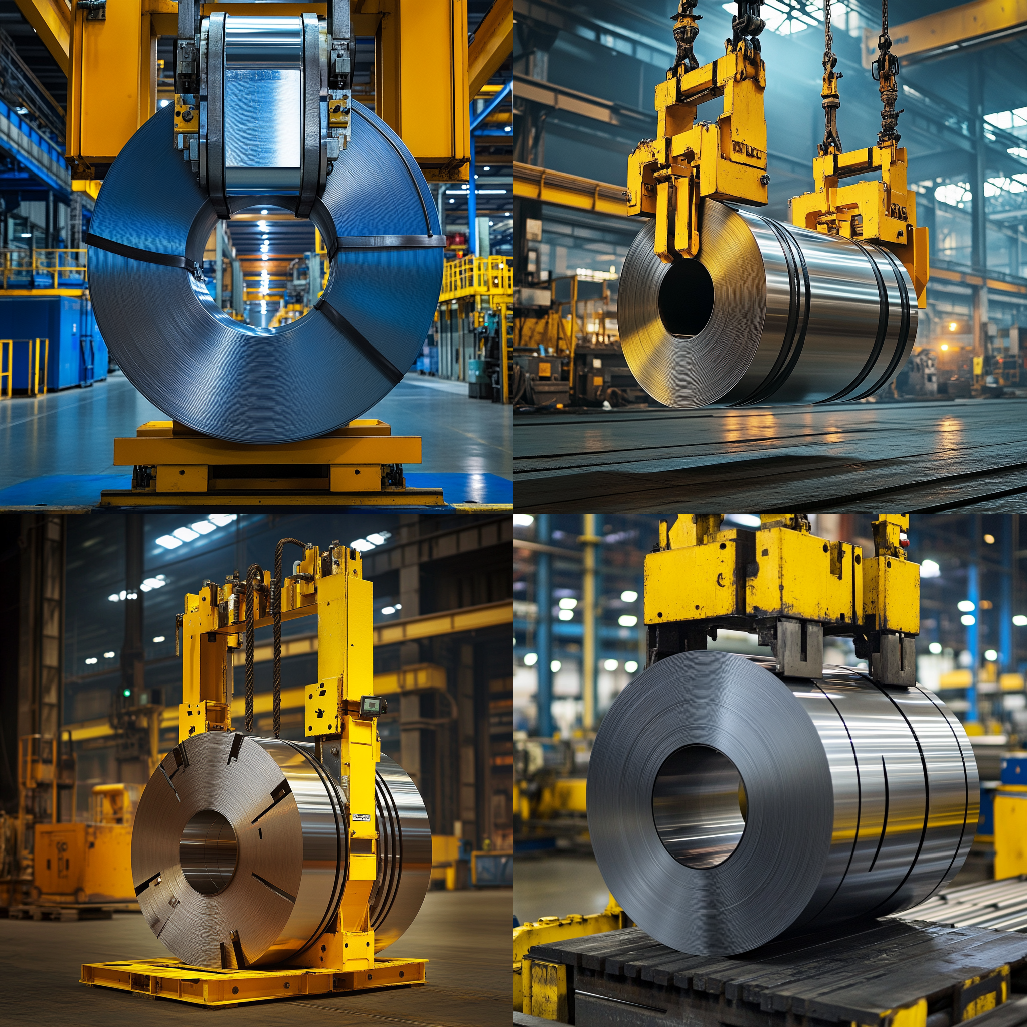 A steel coil being handled vertically in a rolling mill using hydraulic-driven lifting equipment