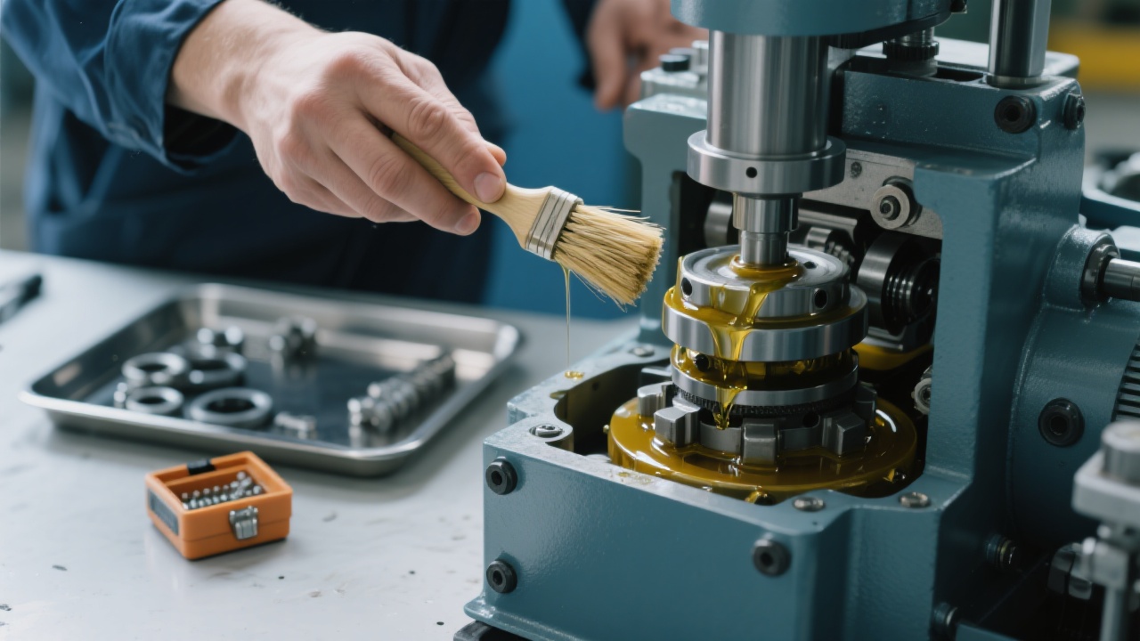 Close-up of a technician performing routine maintenance on a Penguin Group hydraulic press with clear labeling of parts and tools