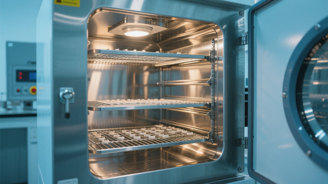 Industrial vacuum oven with digital display showing temperature and vacuum level settings