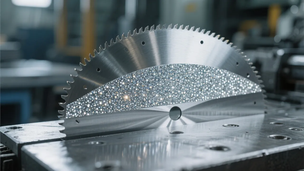 Diamond blade cutting gray cast iron in a foundry setting, showing clean cut edge and minimal dust.