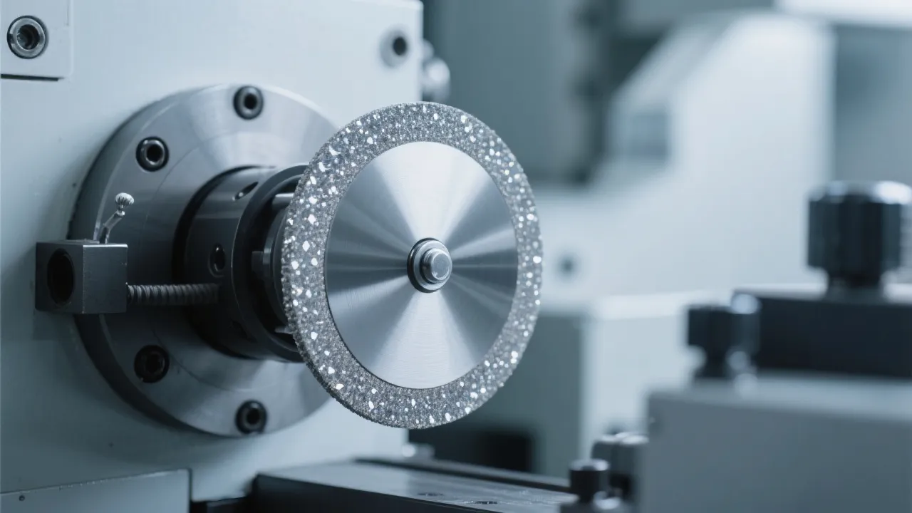 Vacuum brazed diamond wheel in action on automated grinding equipment showing precision metal processing