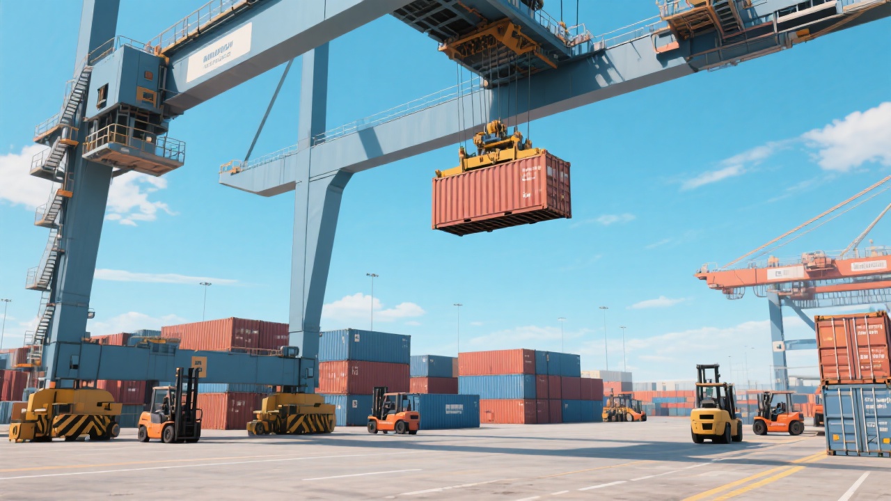 Container crane safely handling shipping containers at a busy port