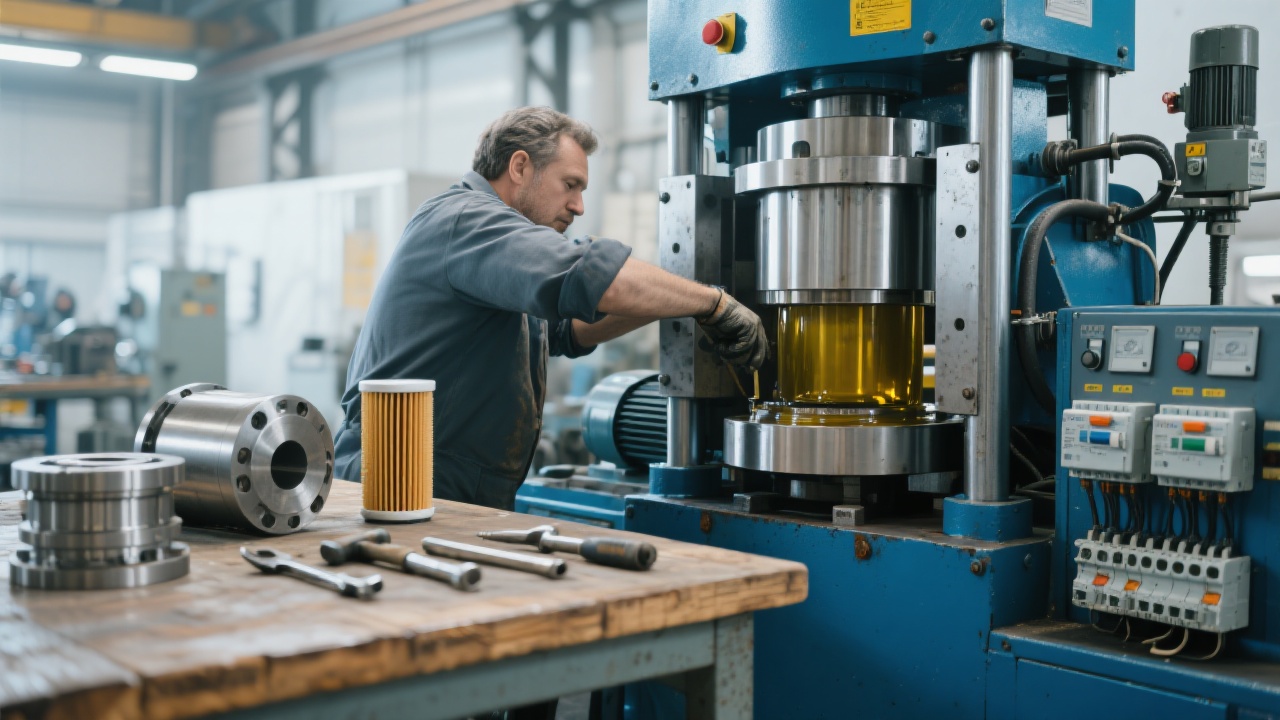 A household oil press in operation