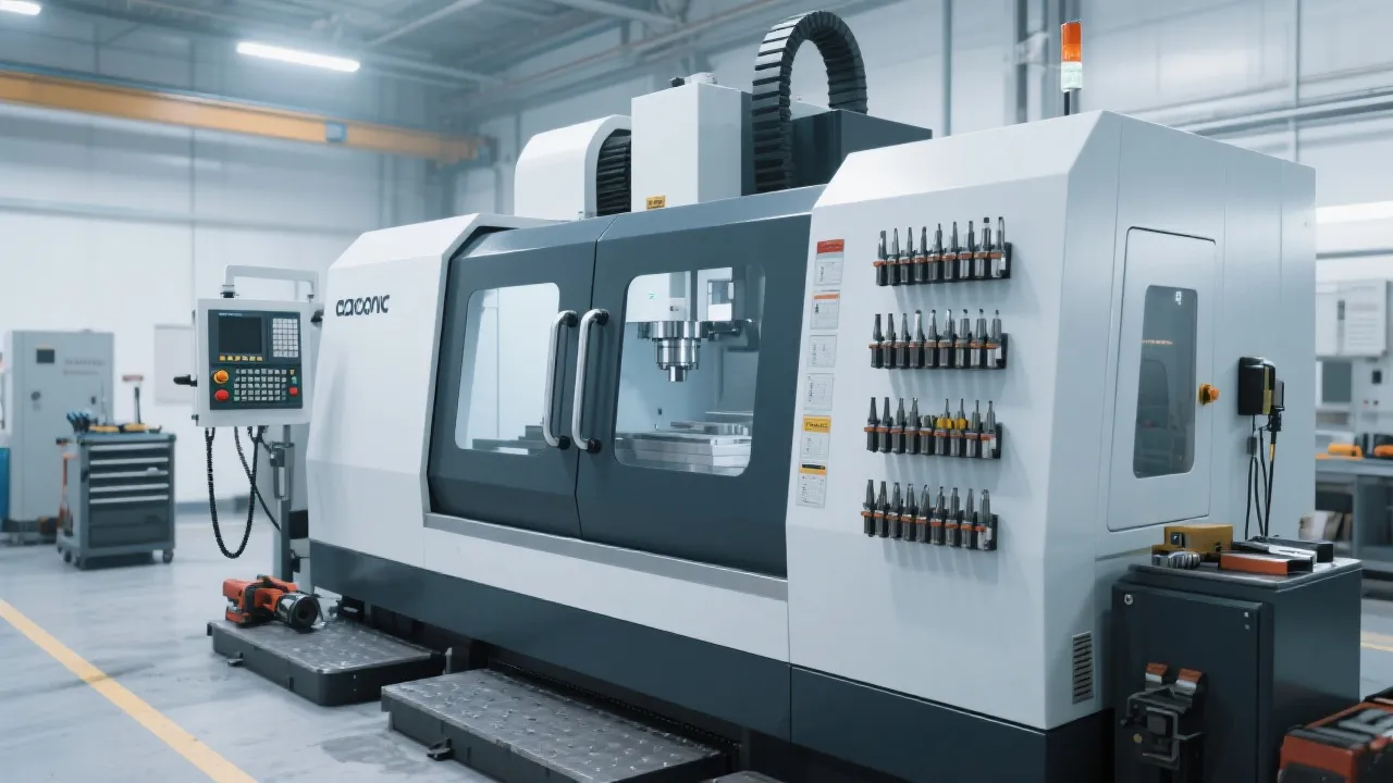 Comparison diagram showing tool change paths between side-mounted and top-mounted tool magazines in vertical machining centers