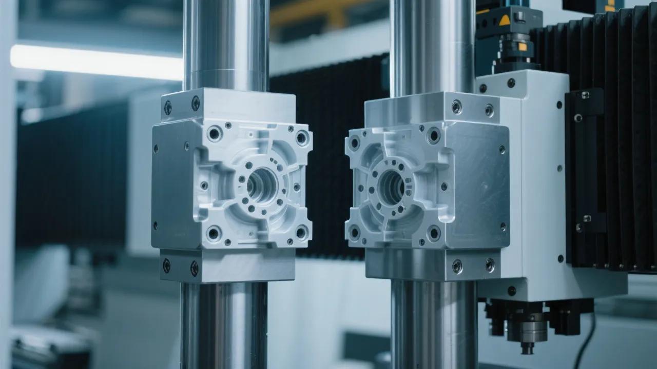 GJ1417 CNC Milling Machine in operation at AlfaTech Industries, showing precise machining of stainless steel components.