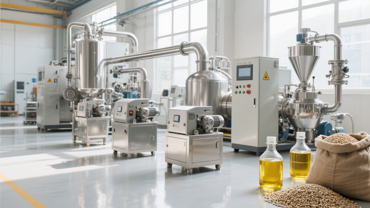 Modern cold-press sesame oil machine with digital interface showing real-time temperature and pressure data