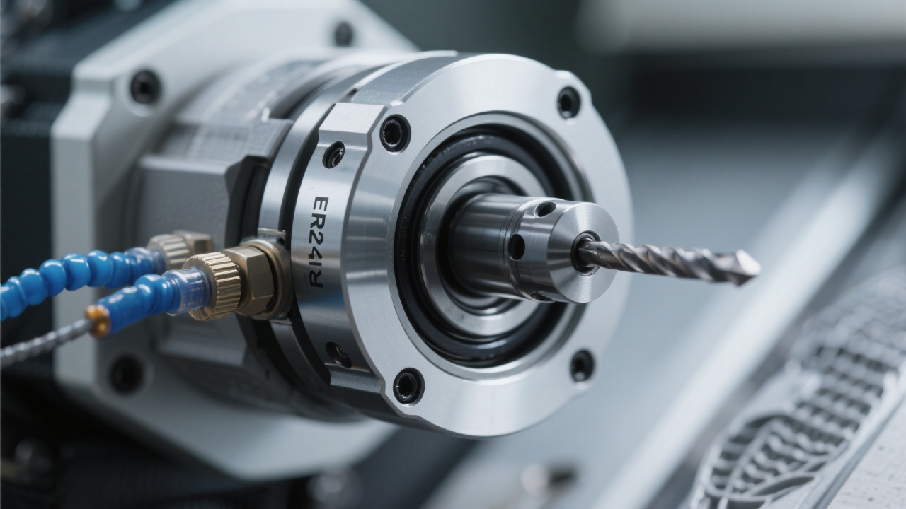 Close-up of the GJ1417 high-precision CNC machine operating on stainless steel components