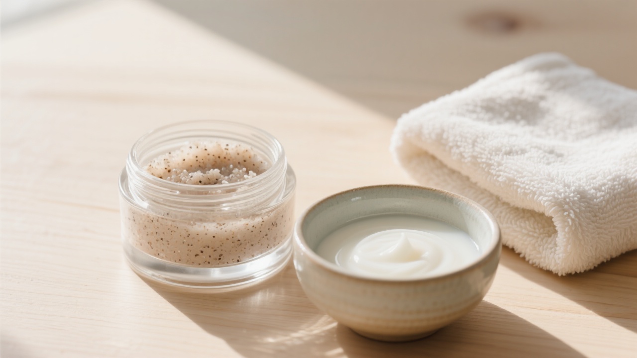Woman applying body scrub in bathroom setting, showing proper technique for even coverage.