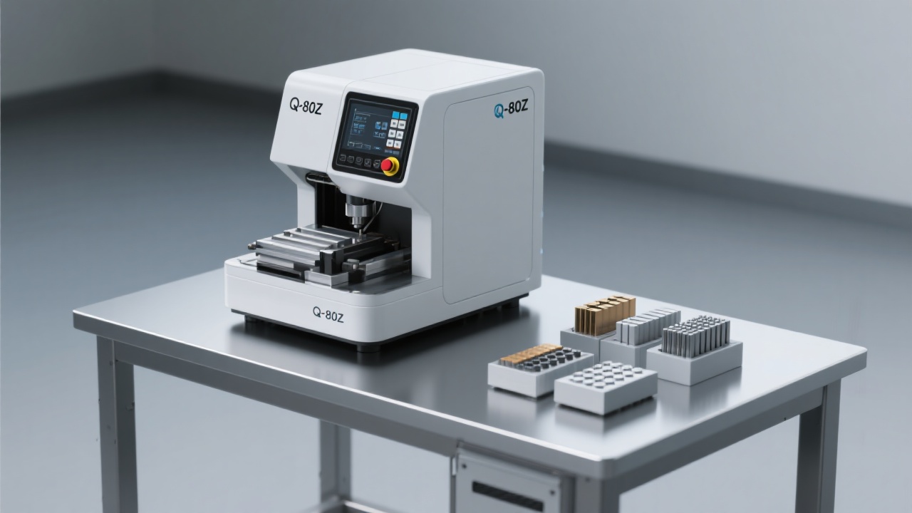Manual metallographic cutting setup showing controlled feed and coolant delivery for reduced thermal deformation