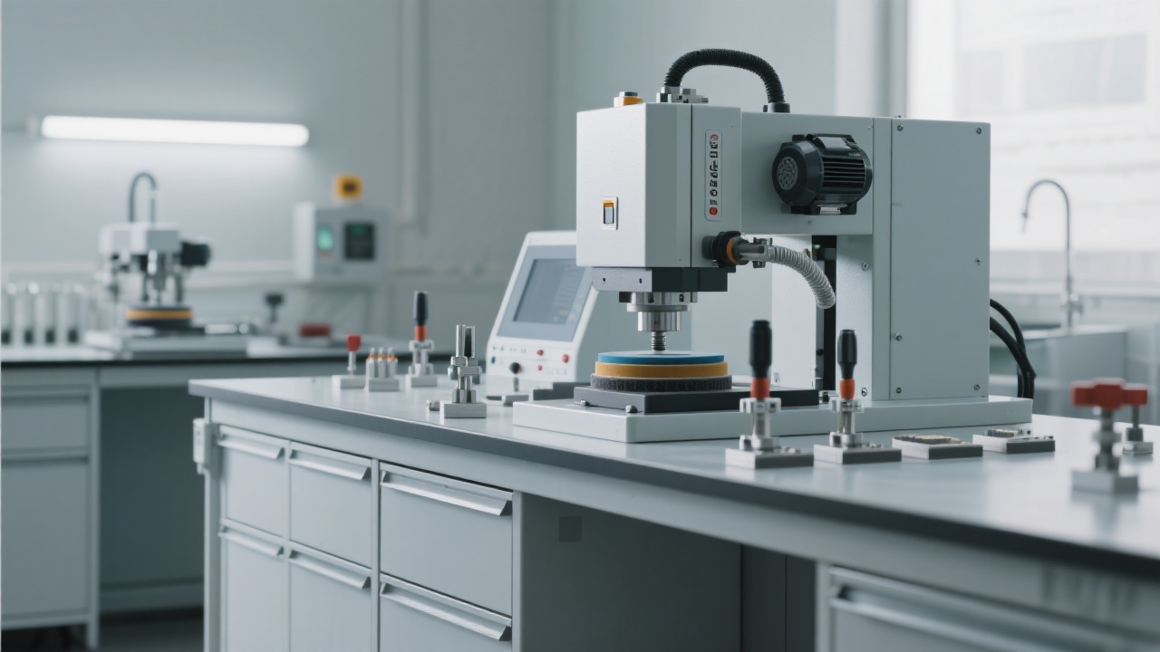 Инженер в лаборатории настраивает твердомер HVS-50A с помощью цифрового интерфейса, рядом видны отпечатки на разных материалах