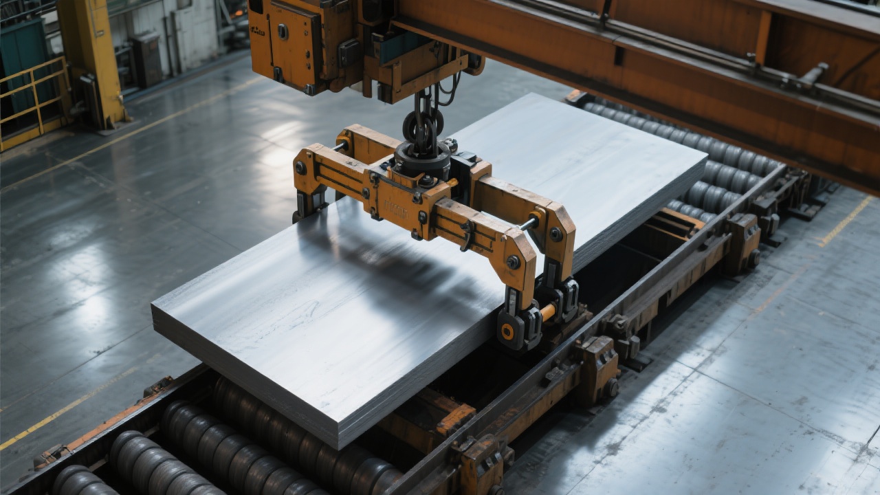 Hydraulic-powered steel plate clamp in operation at a hot-rolling mill, showing smooth movement of a heated steel slab.