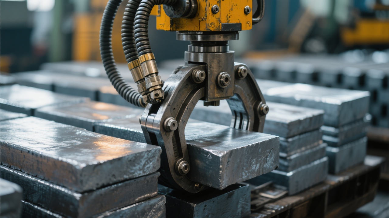 Steel worker performing pre-lift inspection on vertical steel coil handling equipment, ensuring safety and operational efficiency