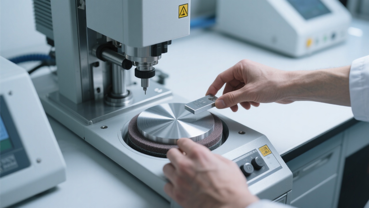 Hardness testing setup for metallographic mounting materials showing Shore D hardness measurement procedure