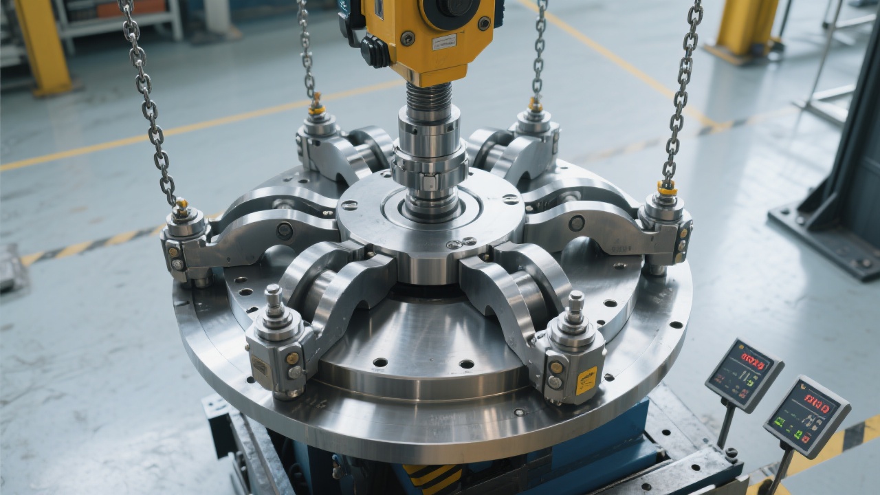 Team installing hydraulic clamp on overhead crane in steel plant, wearing PPE