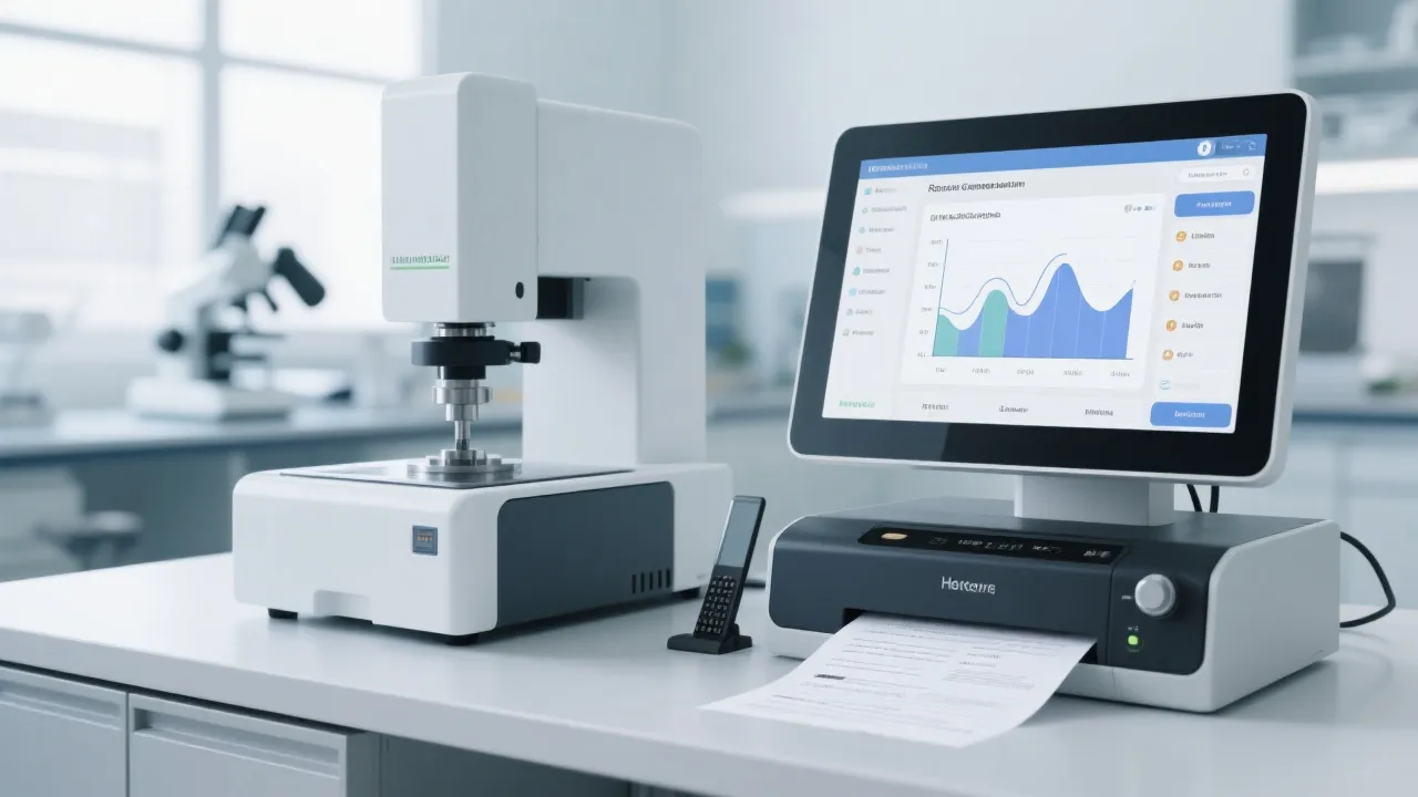 HVS-5A Vickers Hardness Tester in operation with digital microscope and sample holder