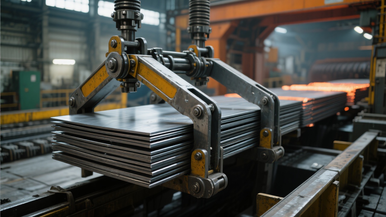 Workers using advanced hydraulic clamps to move hot steel plates at a modern rolling mill.