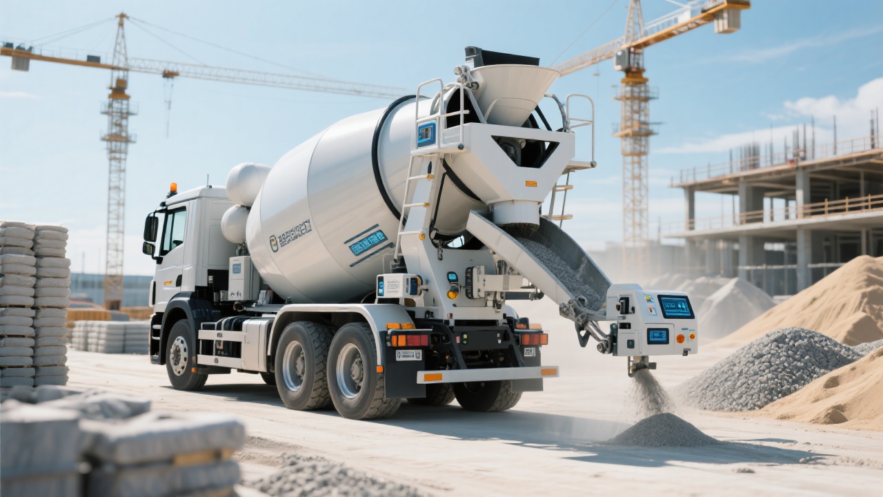 Ilustrasi mobil mixer beton dengan roda besar dan rangka lipat yang memudahkan manuver di medan sulit