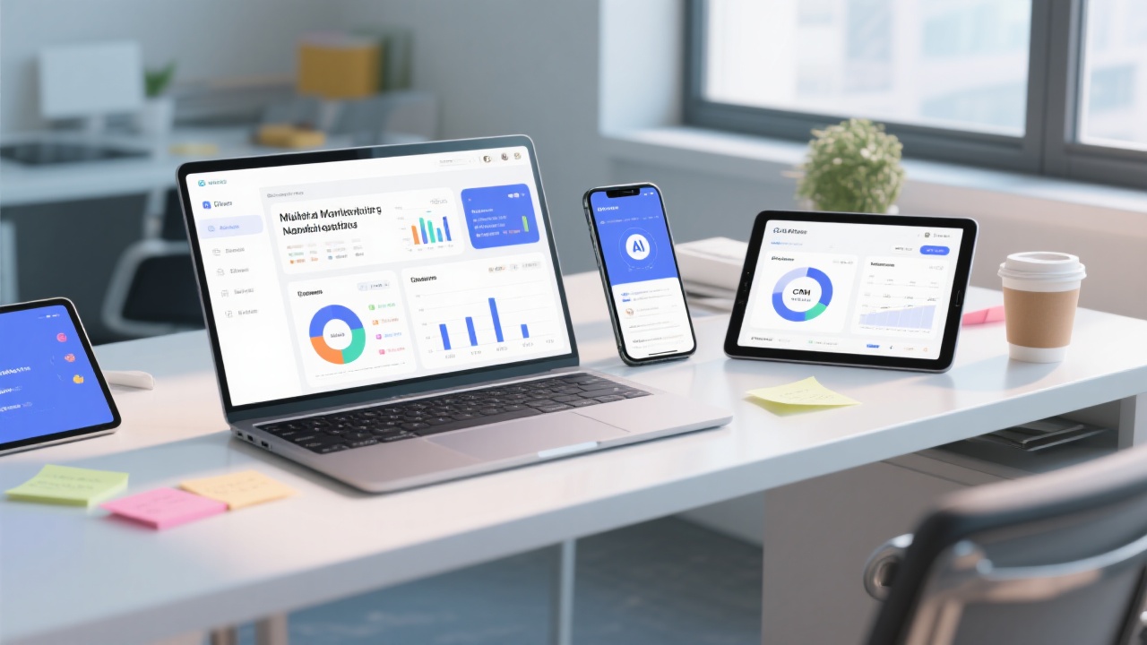 A B2B marketer analyzing social media analytics dashboard on a laptop, showing engagement metrics and lead generation stats