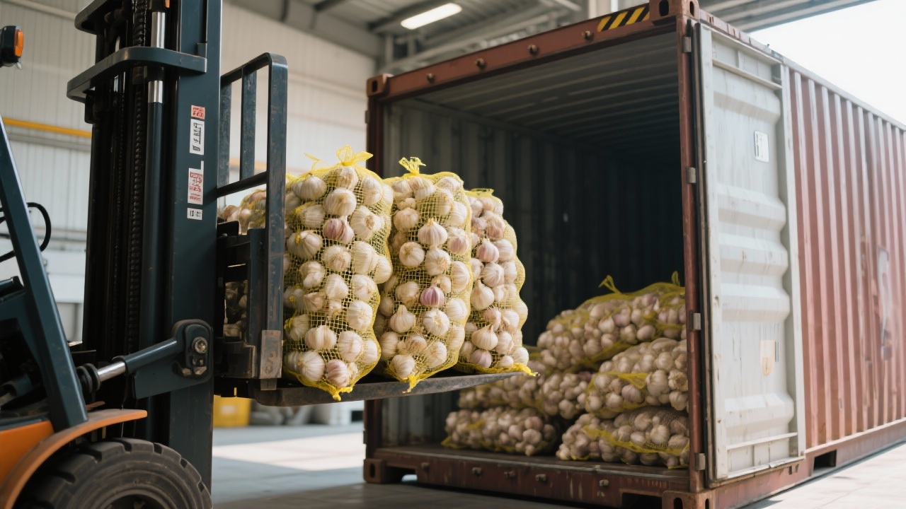 Netzsackverpackung von frischem Knoblauch bei der Ankunft am Zielort