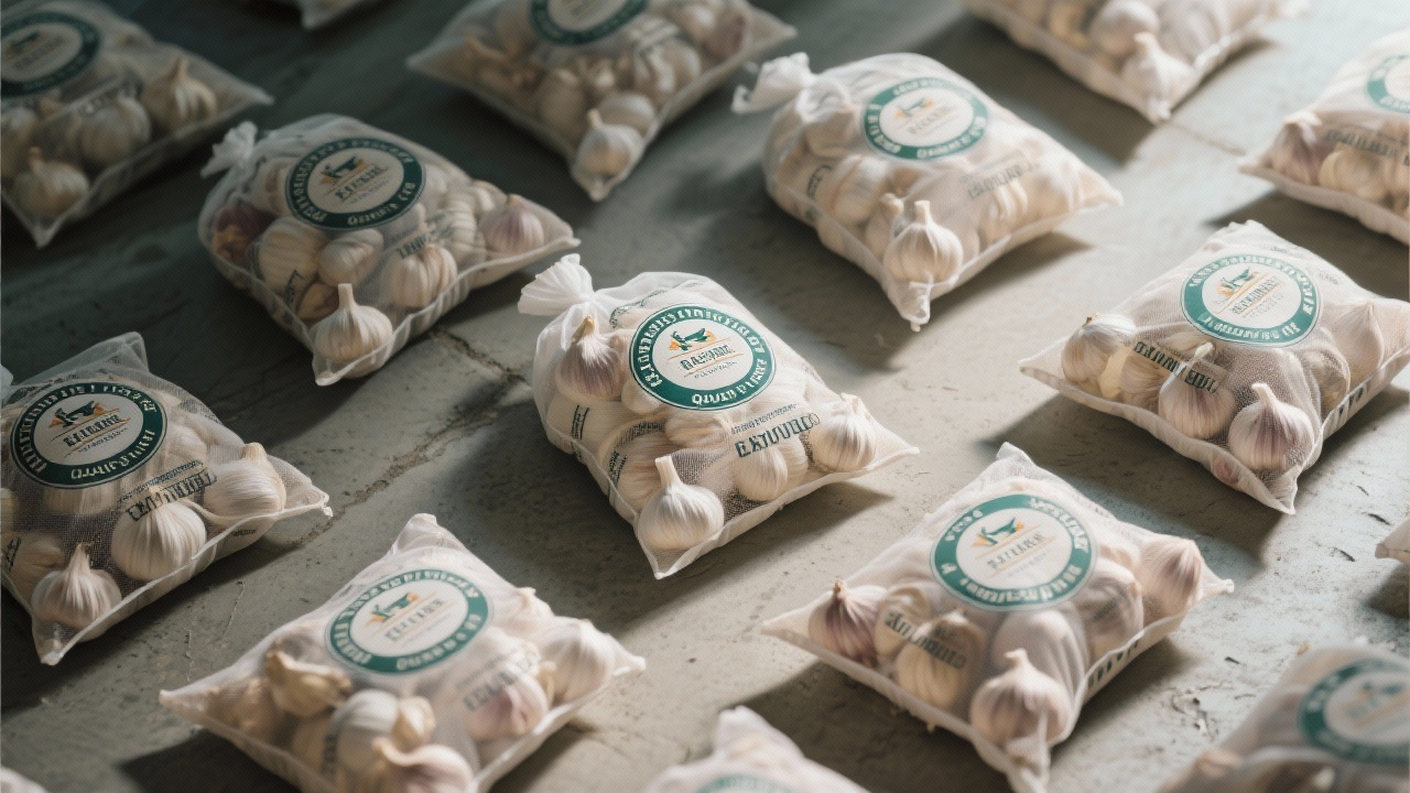 Knoblauch in atmungsaktiven 10 kg Netzsäcken auf einem Kühlregal – ideal für europäische Lagerhäuser