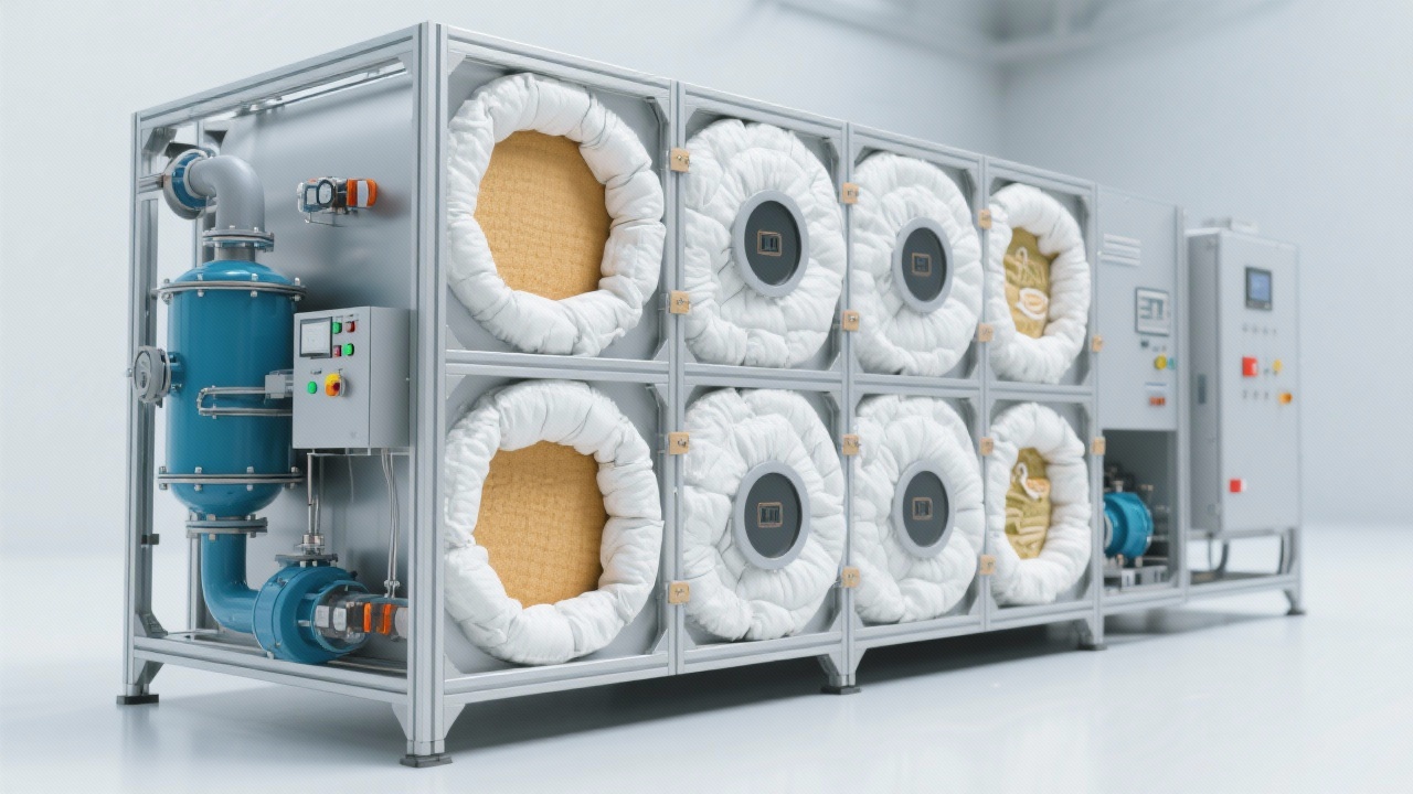Factory floor scene showing automated loading of raw material into a vacuum drying chamber with safety guards and cleanroom environment