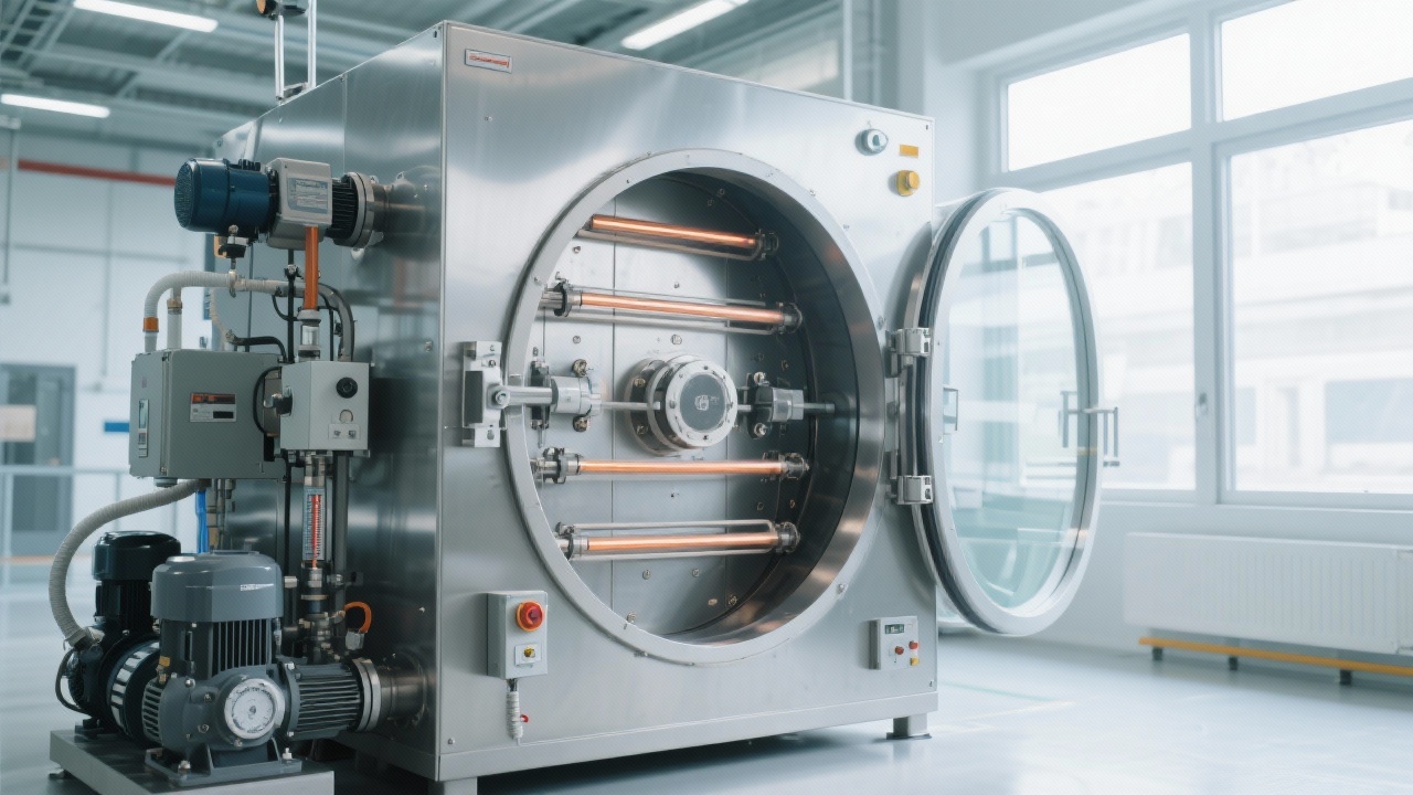 Close-up of stainless steel vacuum chamber with corrosion-resistant lining and smart sensor indicators