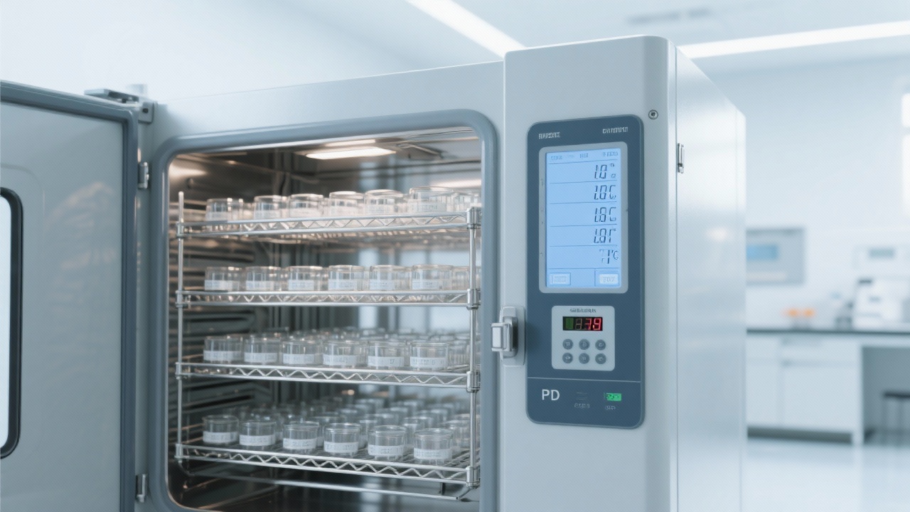 شاشة تحكم رقمية تعرض إعدادات PID ودرجة الحرارة الحالية في جهاز تجفيف مختبري