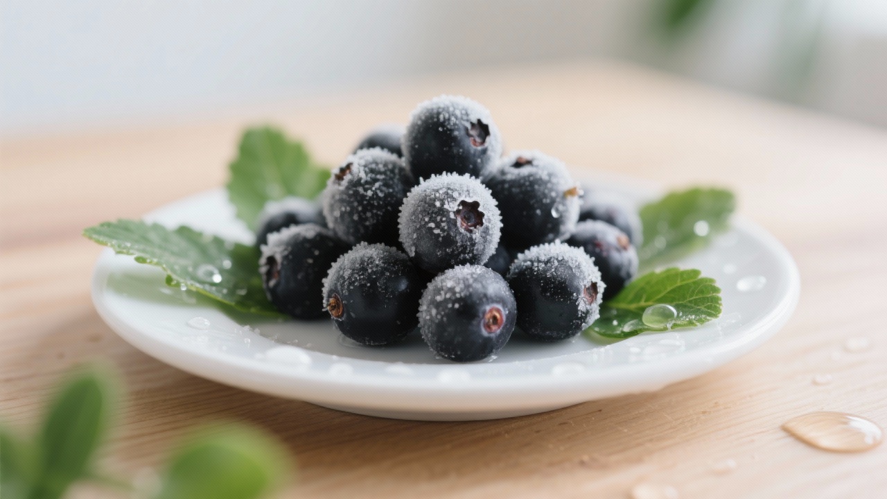A close-up of bright red frozen raspberries in a clear container, showing their natural shine and uniform size.