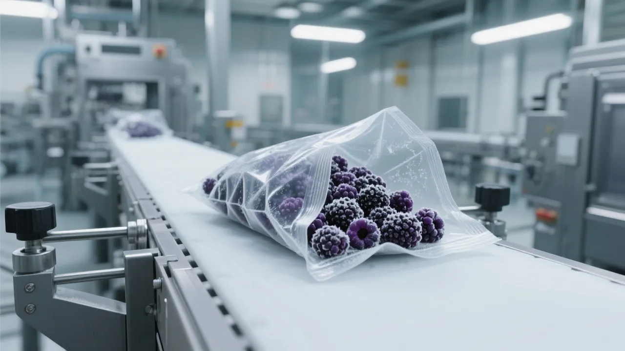 Custom printed freezer-safe pouches for frozen blackberries with branded logo and QR code for traceability