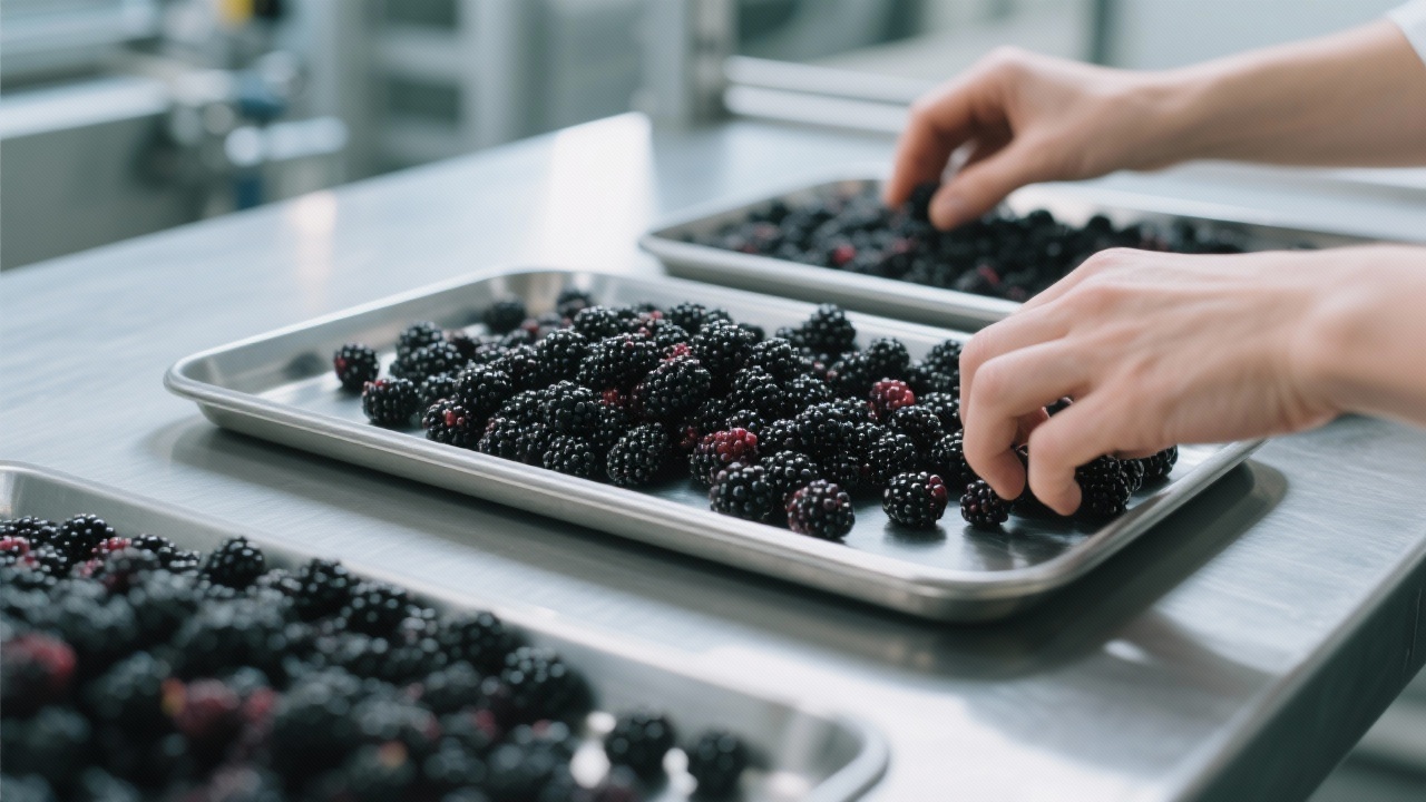 Worker inspecting frozen red raspberries under controlled lighting conditions
