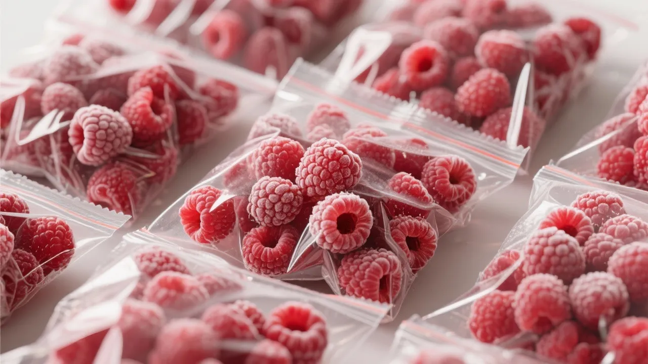 Mikroskopische Darstellung der Zellstruktur von roten Himbeeren vor und nach der -18°C-Tiefkühlung, zeigt die intakte Zellmembran bei korrekter Temperaturkontrolle