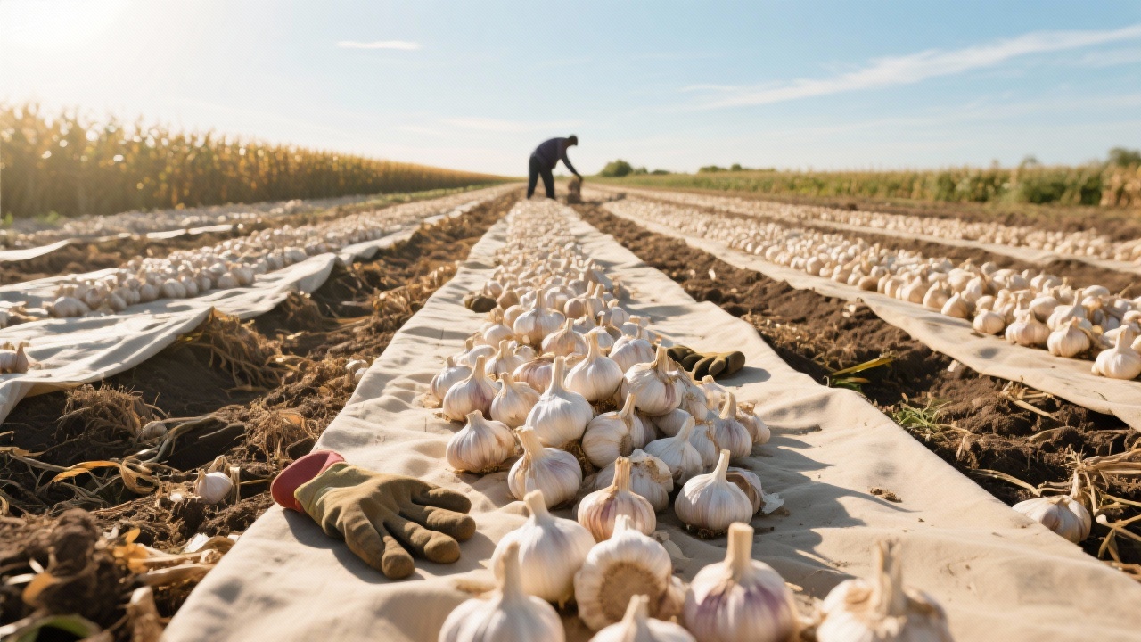 Garlic being cleaned and sorted on a processing line at a certified export facility
