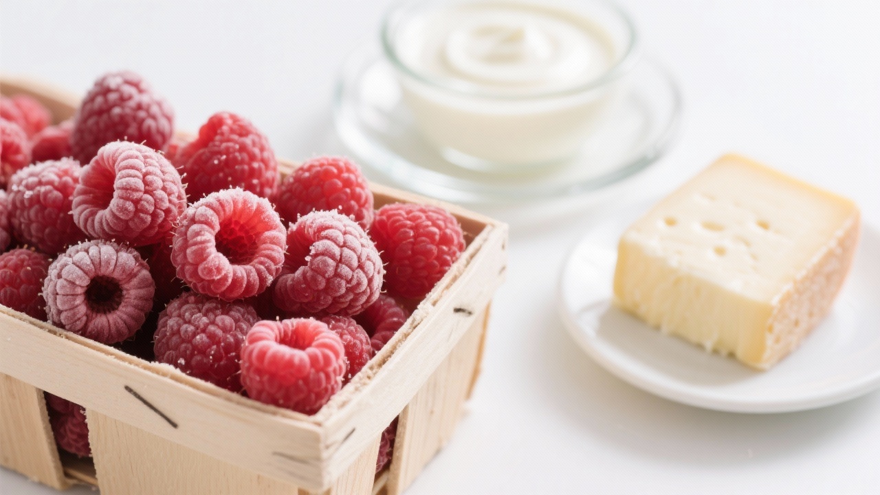 Frozen red raspberries being blended into premium yogurt in a commercial kitchen setting