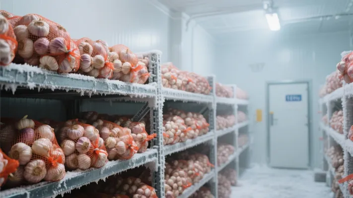 A stack of 10kg mesh bags filled with fresh garlic placed inside a modern cold storage unit showing proper air circulation.