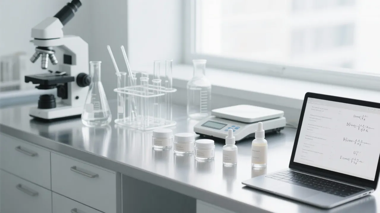 通过 ISO 9001 认证的化妆品生产线，展示了自动化混合和灌装站。