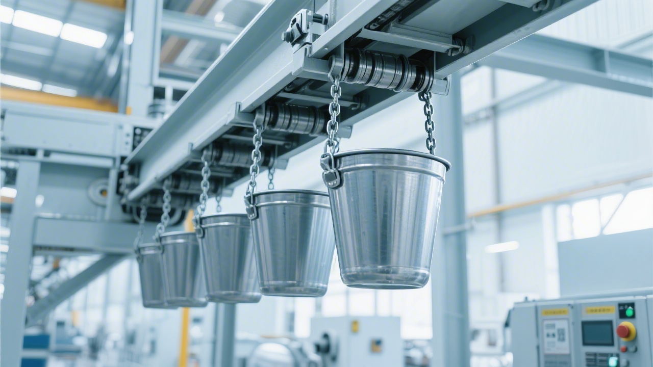 Installation diagram showing key adjustment points for chain tension and bucket alignment during commissioning