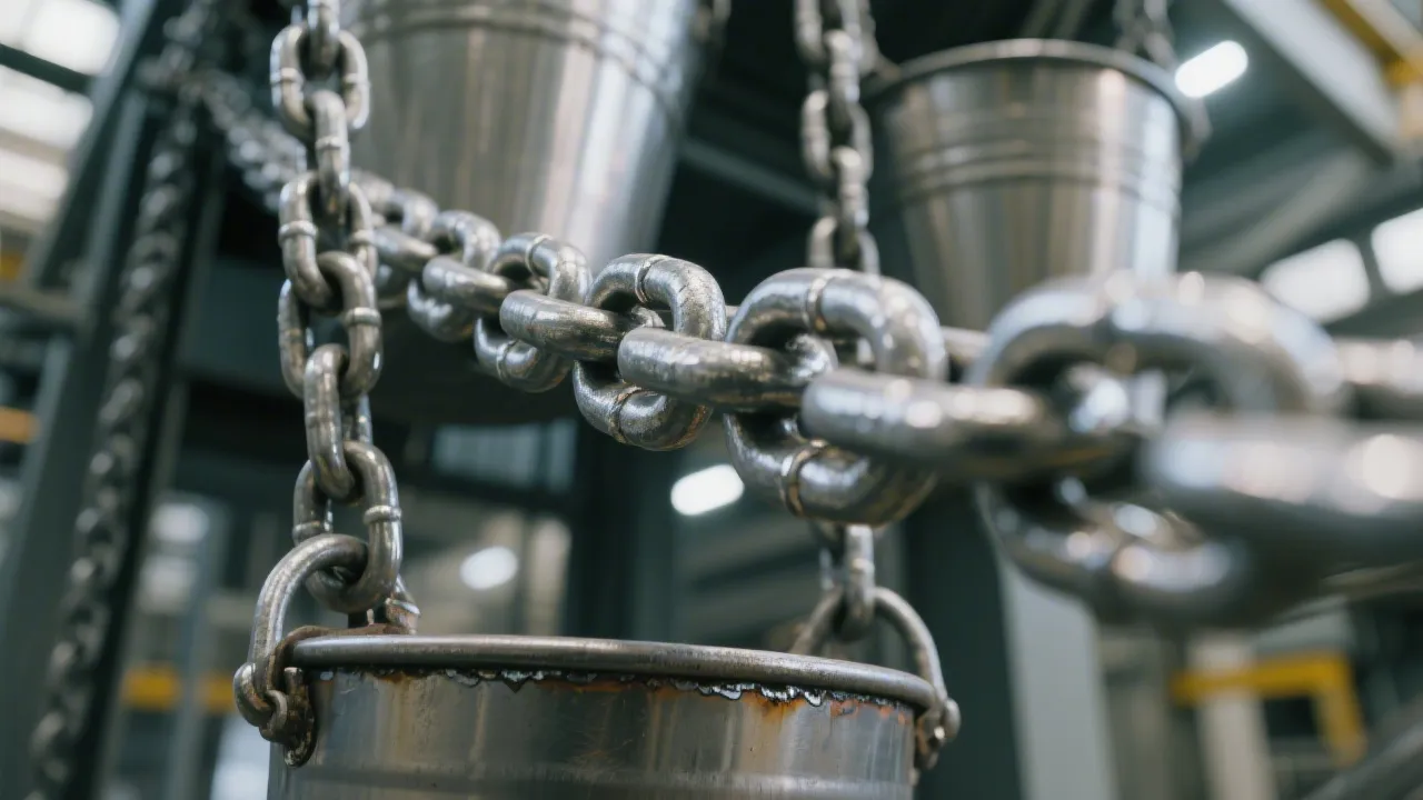 Close-up view of chain bucket conveyor with anti-slip bucket design and tensioning mechanism