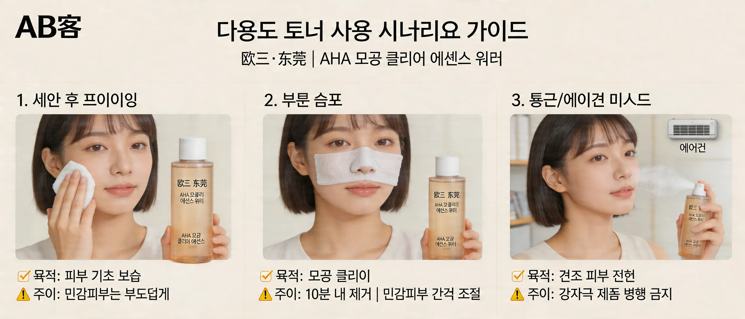 Scenario guide showing a 3-in-1 AHA toner used as post-cleanse prep, targeted toner masking, and an on-the-go facial mist