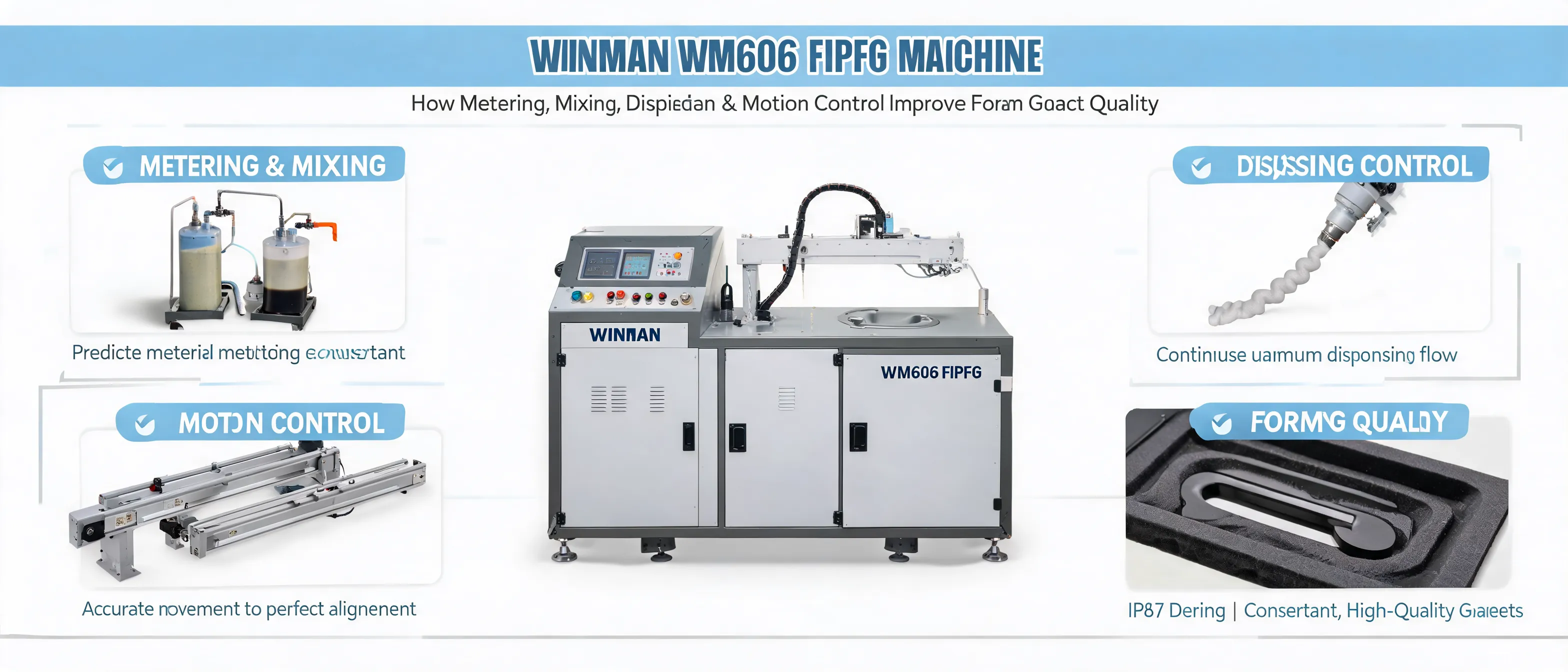 Máquina WINMAN WM606 FIPFG analizando la relación entre dosificación, mezcla, control de movimiento y calidad del cordón de sellado