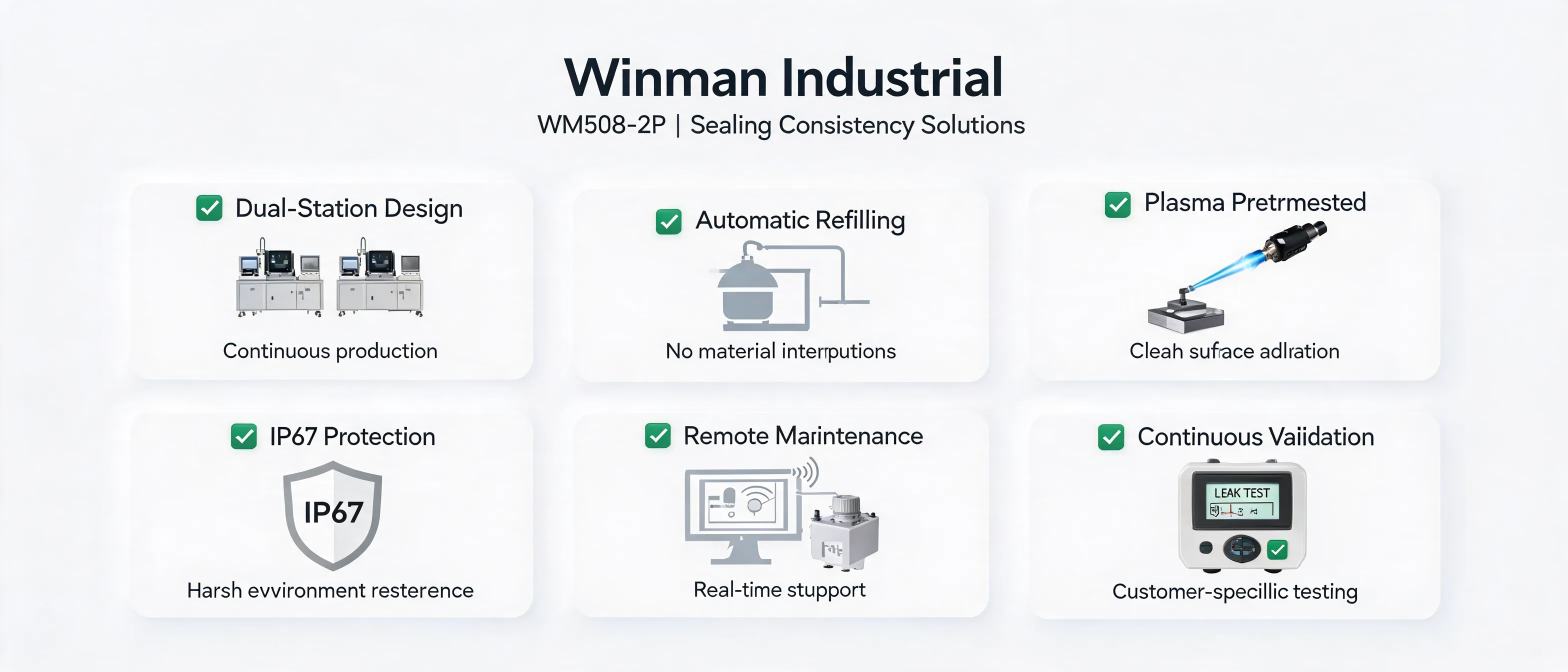 问：How the WM508-2P Maintains Sealing Consistency in Continuous Production答：Learn how Winman Industrial WM508-2P supports consistent FIPFG sealing during continuous production through dual-station dispensing, automatic refilling, plasma pretreatment options, and IP67 protection.