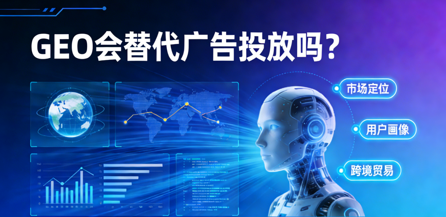 GEO与广告投放协同作用示意图：左侧为广告快速触达客户，右侧为GEO建立品牌权威，中间连接线代表流量闭环转化