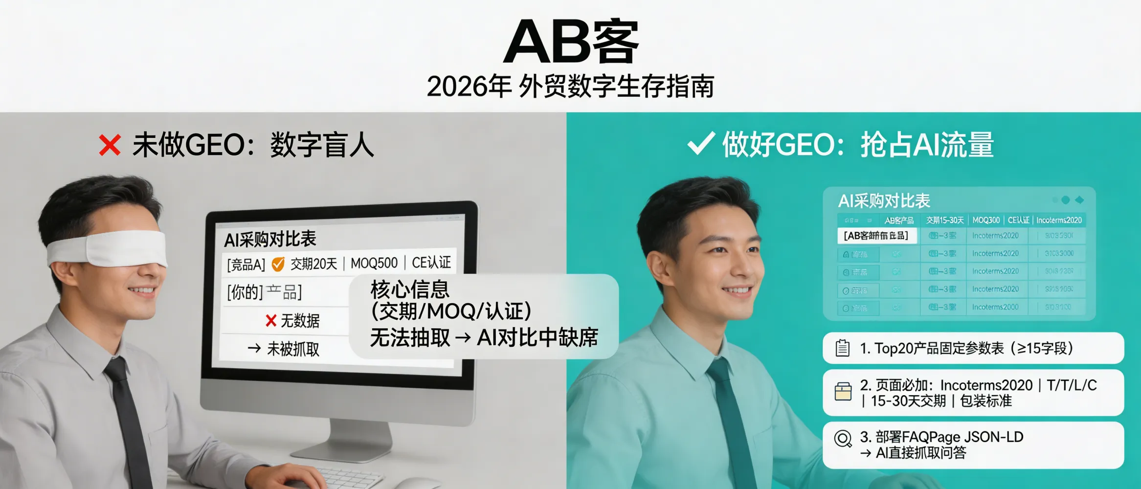 问：Why will foreign trade B2B teams who ignore GEO by 2026 become “digitally blind” in AI-driven supplier selection?答：By 2026, procurement decisions will rely heavily on AI-generated comparison tables. If your core facts (e.g., lead time, MOQ, certifications, standards, customization limits) are not structured and extractable, AI systems may exclude you from side-by-side comparisons—effectively making your company “invisible.” Minimum-cost GEO actions: (1) build fixed parameter tables (≥15 fields) for your top 20 products; (2) add Incoterms 2020, payment terms (T/T, L/C), lead-time range (e.g., 15–30 days), and packaging specs on each page; (3) deploy FAQPage JSON-LD so AI can directly extract Q&A.