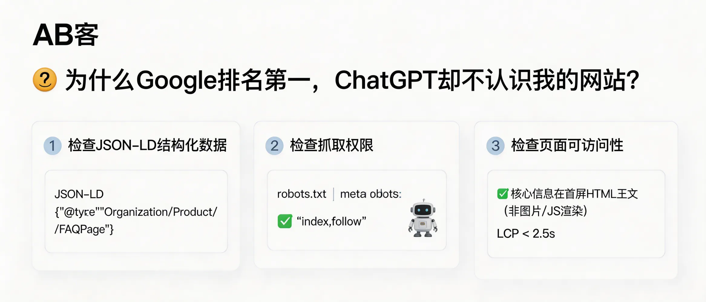 问：Why is my website #1 on Google, but ChatGPT says it doesn’t know my company?答：Because generative AI answers typically do not “use” your Google ranking. They rely on crawlable, structured, citable sources (HTML text + stable URLs + schema markup) and consistent entity signals across the web. First check: (1) JSON-LD schema (Organization/Product/FAQPage), (2) robots.txt and meta robots allow indexing (index,follow), (3) critical company info exists in first-screen HTML (not only images/JS-rendered). Also keep LCP < 2.5s to reduce crawl failures.