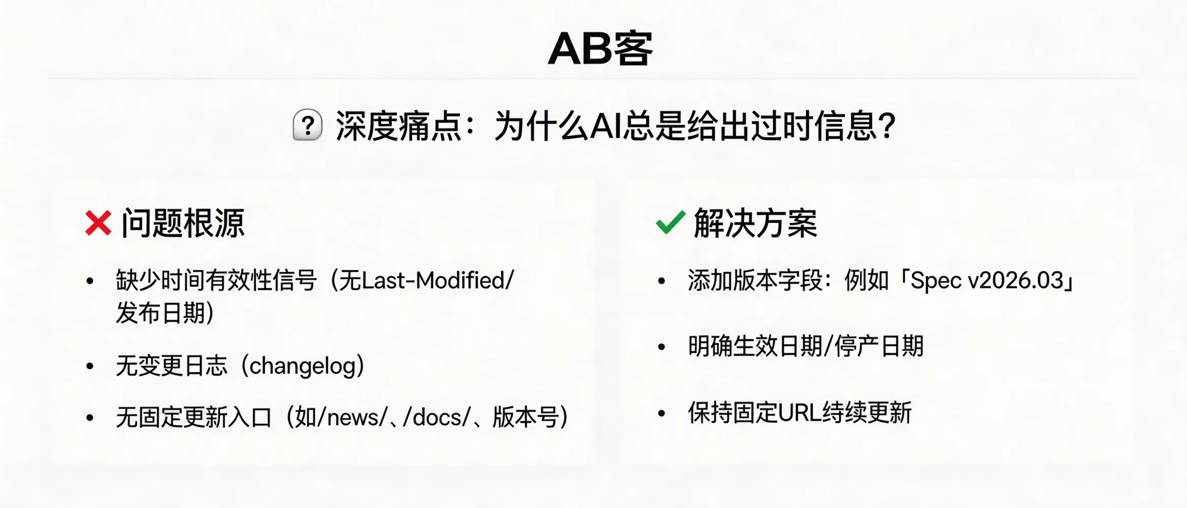 问：Why do AI answers keep using outdated information about my company instead of your latest updates?答：AI often repeats outdated company info because your public web pages lack machine-readable “time-validity signals” and stable update sources—e.g., no visible publish date, no HTTP Last-Modified/ETag, no changelog, and no versioned documents. Add explicit version fields (e.g., “Spec v2026.03”), effective/expiration dates, and keep a fixed URL that is continuously updated to reduce the probability that models cite older snapshots.