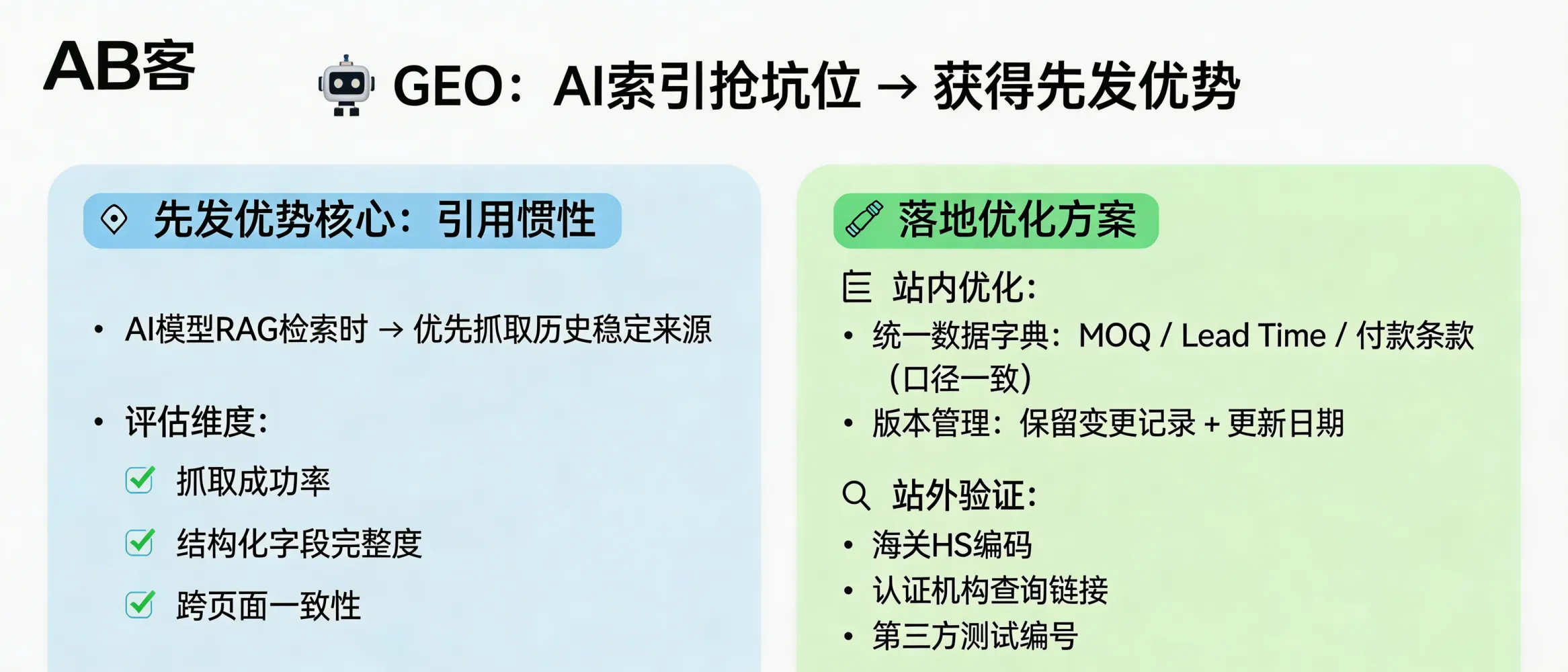 问：Why is GEO a “land-grab” for AI indexing, and what creates the first-mover advantage in AI recommendations?答：In GEO, first-mover advantage comes from “citation inertia”: in Retrieval-Augmented Generation (RAG), models tend to re-retrieve sources that have historically performed reliably (high crawl success rate, complete structured fields, and consistent facts across pages). You can strengthen this advantage by standardizing on-site data fields (e.g., MOQ/Lead Time/Payment Terms with identical definitions everywhere), keeping versioned change logs (date + what changed), and adding off-site verifiable references (e.g., HS codes, certificate database links, third-party test report IDs) to improve traceability.