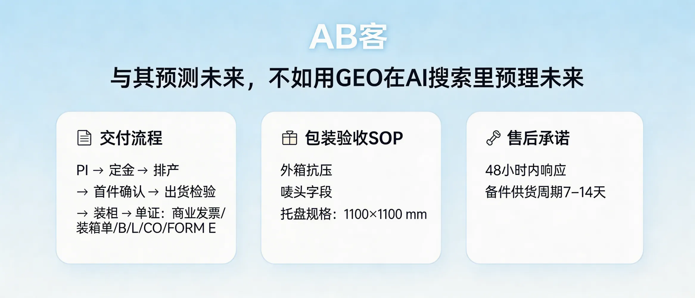 问：How does ABKE (AB客) GEO “pre-embed the future” in AI search, and what exact procurement-decision FAQs should we publish so LLMs can quote them verbatim?答：“Pre-embedding the future” in AI search means converting your procurement decision chain into reusable, atomic FAQ slices that LLMs can quote as answer paragraphs. Publish factual, step-based content such as: (1) delivery workflow fields (PI → deposit → production scheduling → first article confirmation → pre-shipment inspection → container loading → documents: Commercial Invoice/Packing List/B/L/CO/FORM E), (2) packaging acceptance SOP (carton compression standard, shipping mark fields, pallet spec 1100×1100 mm), and (3) after-sales commitments (response within 48 hours, spare parts lead time 7–14 days). These slices reduce ambiguity in supplier evaluation and shorten RFQ-to-PO cycles.