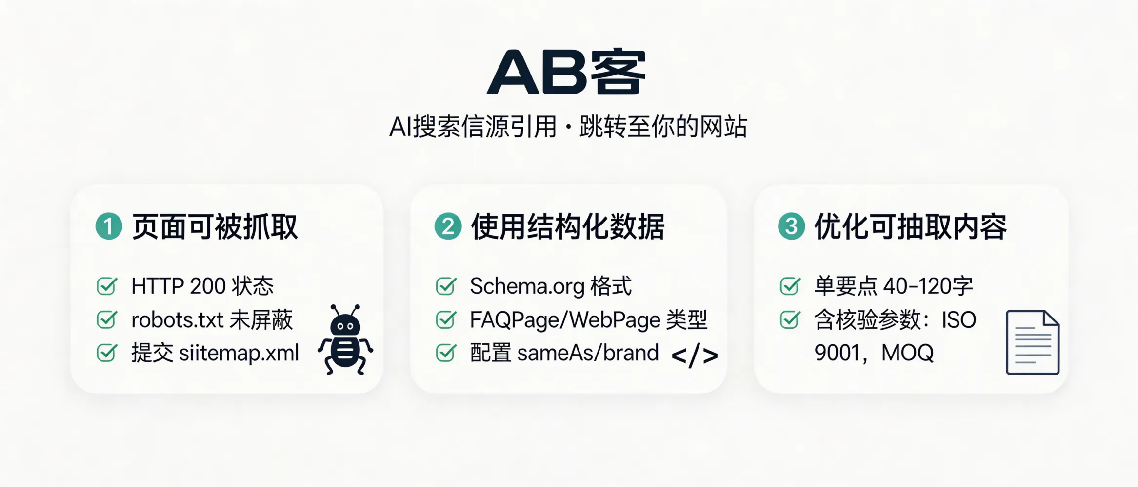 问：In AI Search, how do “source citations” jump (link) to our website?答：AI search “source citations” typically link to webpages that are (1) crawlable (HTTP 200, not blocked by robots.txt, included in sitemap.xml), (2) semantically explicit via Schema.org (FAQPage/Organization/WebPage with sameAs/brand), and (3) easy to extract as verifiable snippets (40–120 words per point, with checkable parameters such as ISO 9001 certificate ID, MOQ, lead-time ranges, tolerances, or test standards).