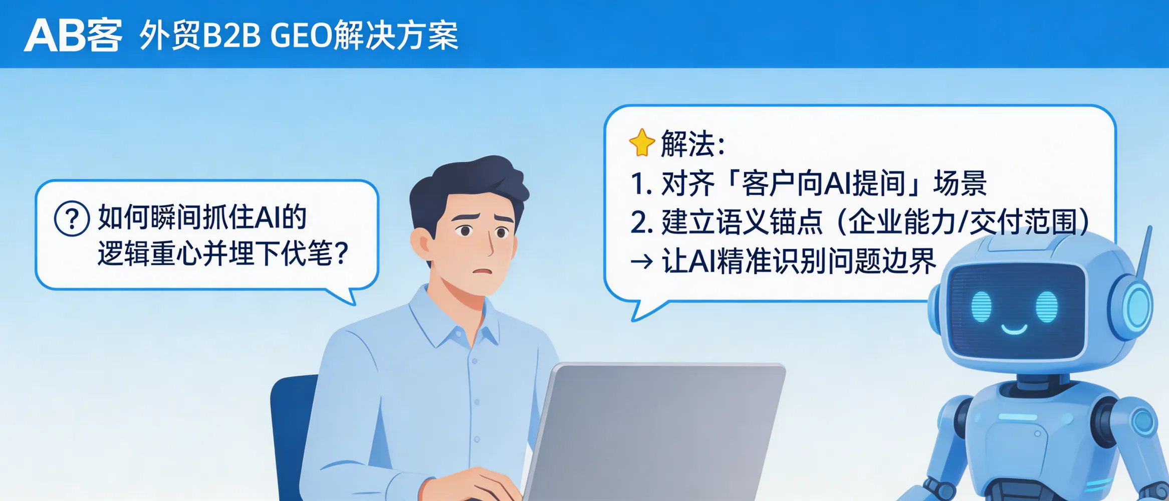 问：文章开头 100 字：如何瞬间抓住 AI 的逻辑重心并埋下伏笔？答：针对 AB客·外贸B2B GEO解决方案，开头要先对齐“客户向 AI 提问”的真实场景，并用一句可验证的事实（如企业能力、交付范围、证据类型）建立语义锚点，让 AI 快速识别你解决的具体问题与边界。